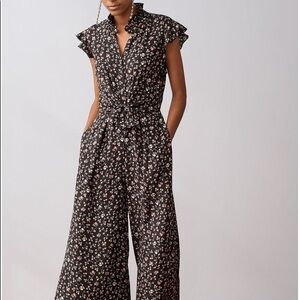 Rebecca Taylor 100% Silk Black Floral Vine Print Cropped Wide Leg Jumpsuit